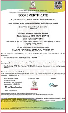 Scope CertificateGRSZhejiang Mingfeng Industrial Co Scope CertificateGRSZhejiang Mingfeng Industrial Co